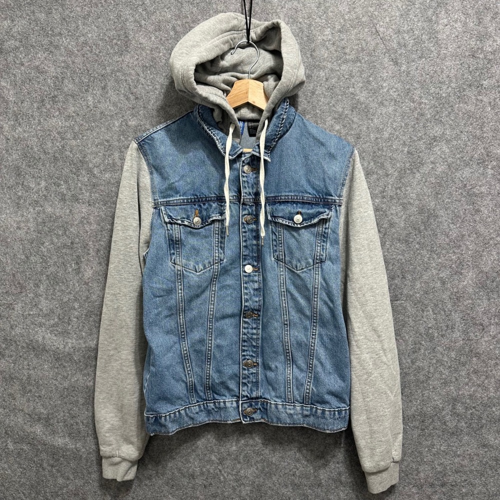 H&M Divided Denim Jacket Mens Medium Blue Grey Hooded Fleece Sleeves Trucker